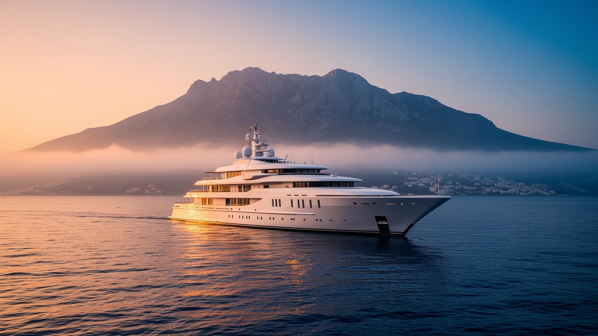 Superyacht in the Aegean at golden hour with Mount Athos in the background